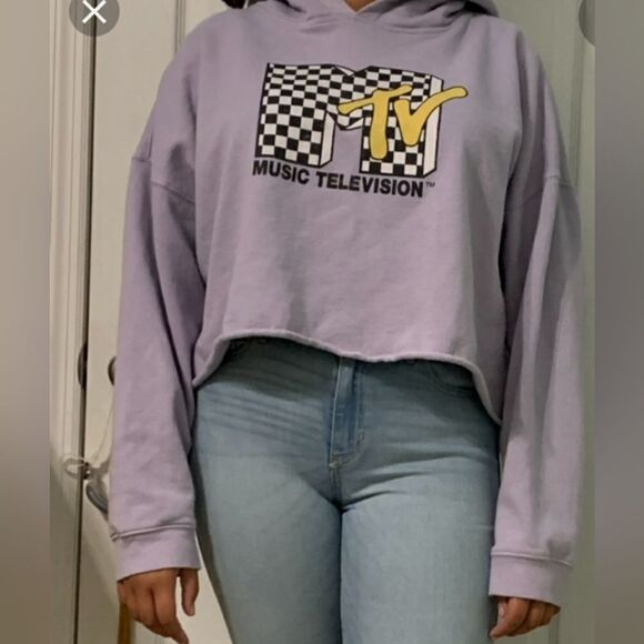 MTV Womens 3X Lavender Cropped Hoodie Checkered Logo Sweatshirt Streetwear Y2K - Picture 6 of 8